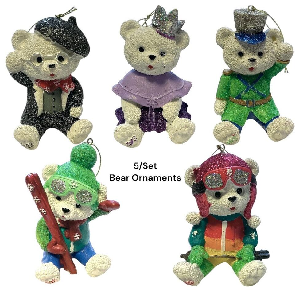 5 Bears Collection Christmas Tree Ornaments White Resin Hand Painted New‎
